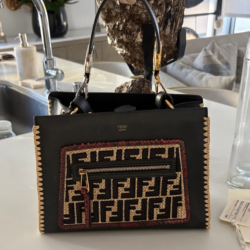 Fendi Black Leather Satchel with Brown Monogram Front Panel and Gold Hardware